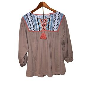 Easel Boho Tribal Yoke Blouse Women's Large Taupe 3/4 Sleeve Tassel Tie Top New